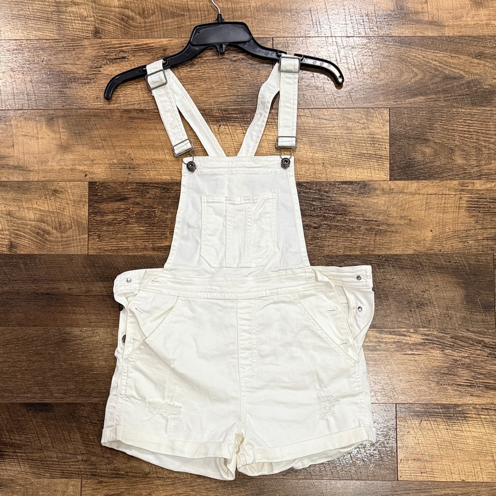 Sneak Peek Cream Denim Overall Shorts